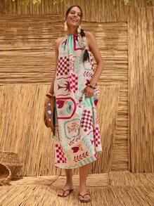 Bóhologie Vestido bohemio estilo A-line con cuello halter y bordado floral, vestido bohemio para mujer
