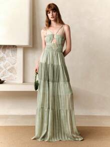 Arave 编织条纹印花细肩带露背褶皱复古优雅女式连衣裙，夏季 - 綠色 - 查看 5