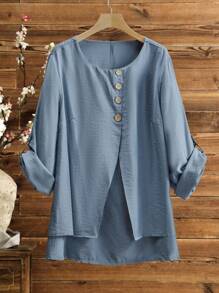 Lacomfia Damen große Größen Hemd mit Knöpfen, einfarbig, lässig, dezent