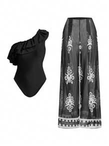 Swim Oasis Oasis Women 1-Piece/2 Pieces Ruffled Shoulder Positioned Print Swimsuit For Summer Beach Vacation - Black and White - View 1