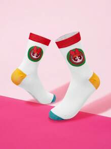THE POWERPUFF GIRLS X SHEIN Blossom Pattern Fashionable Cute Contrast Color Crew Socks - White - View 4
