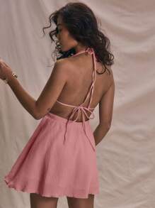 MUSERA Đầm ngắn không tay bằng vải lanh, cổ yếm, thắt eo, thích hợp cho kỳ nghỉ hè, đi chơi đêm ở Ibiza, hẹn hò, sinh nhật. - Hồng - Xem 3