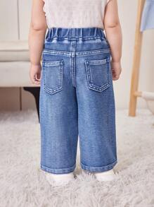 6M-3YRS Baby Girl Blue Floral Print Knit Denim Wide Leg Pants,Summer Casual Vacation Colorful Flower Print,Stretchy Comfortable 2 Back Pockets Jeans - Light Wash - View 2