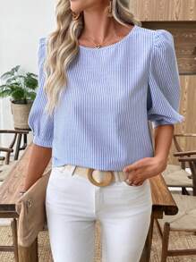 EMERY ROSE Women's Striped Lantern Sleeve Loose Casual Blouse, Summer - Blue and White - View 6