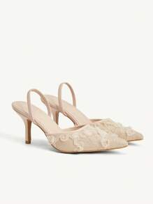 CUCCOO CHICEST 全新夏季女士尖头花卉刺绣蕾丝中跟优雅浪漫网眼蕾丝一脚蹬高跟鞋，适合正式礼服、婚礼、派对、下午茶、约会之夜 - 杏色 - 查看 2