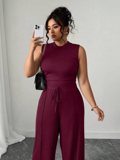 Elenzga Plus Size Women Solid Color Rib Knit Tank Top And Pants Set, Casual Women Dresses Elegant Gown Women Sets Birthday Women Plus Clothing Formal Women Summer Clothing Women Plus Clothing Business Casual