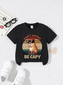 SHEIN GraphicGems 幼儿男童卡通太阳镜和爪印休闲短袖上衣，夏季 - 黑色 - 查看 3