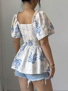 Elenzga 女士优雅时尚通勤休闲假日浪漫度假温柔淑女复古荷叶边短袖方领腰部聚拢A字下摆花卉印花衬衫（随机印花）