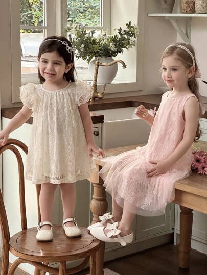 Baby Girl Woven Colorblock Round Neck Ruffle Hem Casual Dress