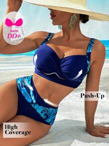 Swim DD+ Women's Plant Printed Twist Strap Tankini Swimsuit, Suitable For Summer Beach - Navy Blue - View 5