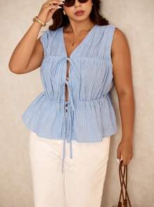 Elaquor Plus Size Casual/Work Striped Ruched Tie Waist Sleeveless V-Neck Top - Blue and White - View 5