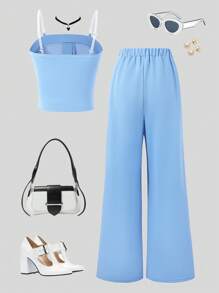 SHEIN Set de 2 piezas de top corto de tirantes de unicolor y pantalones rectos para chica adolescente, conjunto casual de verano
