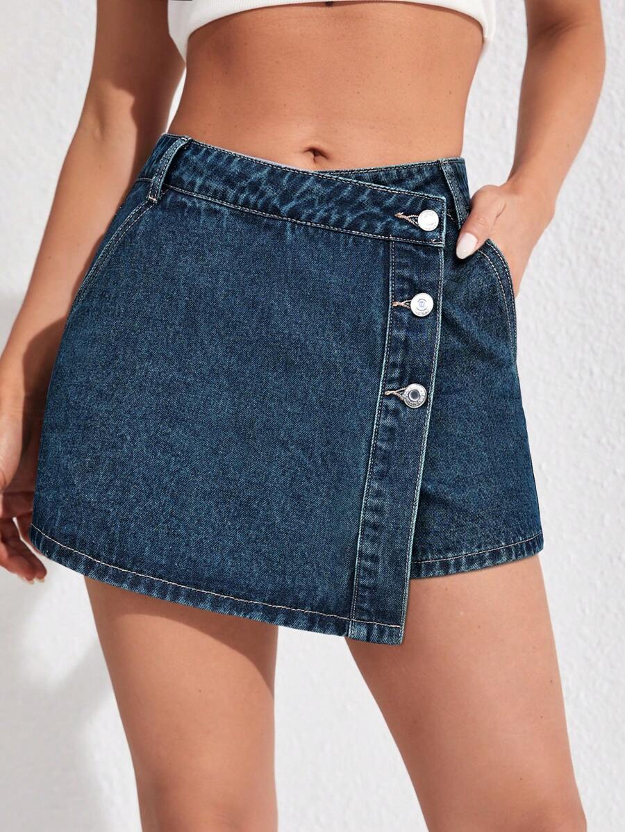 SHEIN ICON 女式夏季休闲前扣裹身牛仔短裤 - 藍色 - 查看 1