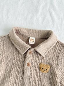 Cozy Pixies 2 件套男婴卡通熊图案柔软针织 Polo 领短袖套头衫和松紧腰短裤 - 卡其色 - 查看 3