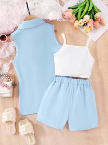 SHEIN 3pcs/Set Young Girl Girls Pink Blazer, Pearl Embellished Knit Camisole And Shorts, Casual Elegant Summer Vacation Set