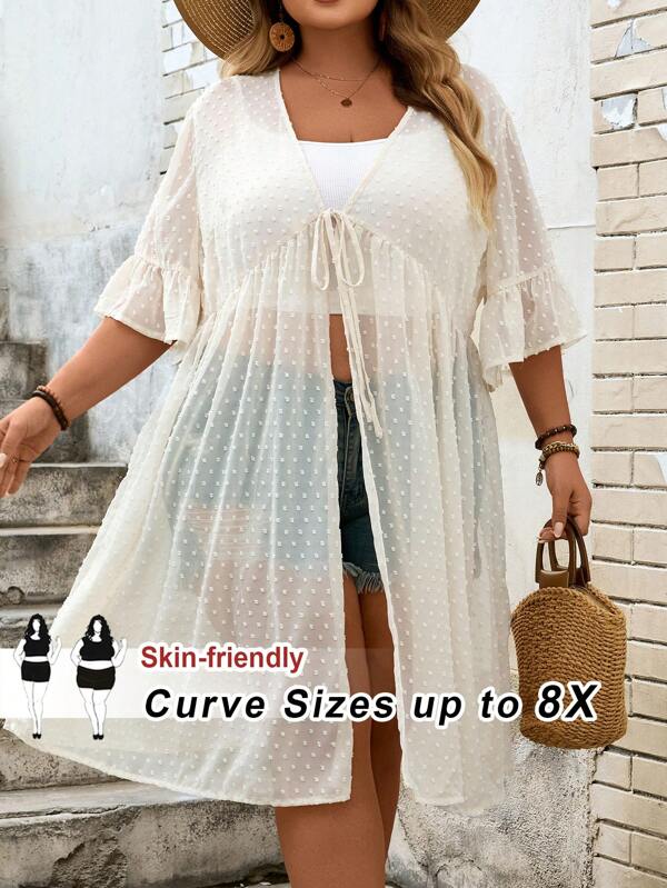 SHEIN CURVE+ Beiges, leichtes Chiffon-Kimono-Oberteil für Damen in Übergröße, Babydoll-Kleid, geeignet für den Strandurlaub im Sommer, Sarong, Strand-Outfits für Damen/Strandkleid/Strandurlaubs-Outfits/Strand-Essentials/Abschluss-/Teeparty-Kleid, Sommer-/Land-/Strandurlaubs-Outfits/Strand-Outfits/Strandkleidung