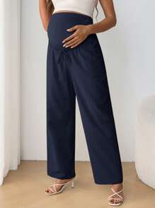 SHEIN Maternity Adjustable Drawstring Waist Bowknot Belly Support Straight Leg High Waist Pants - Navy Blue - View 3