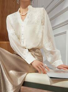 DAZY Elegant Lace V-Neck Women's Blouse, Spring/Summer,Fall Women Clothes Long Sleeve Top - Apricot - View 10