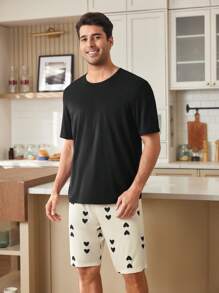 男士针织印花休闲短袖上衣和短裤睡衣套装，男友礼物 - 彩色 - 查看 2