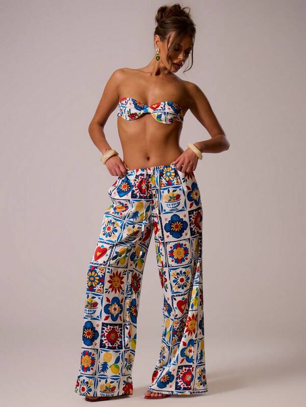MUSERA Mid Rise Print Satin Wide Leg Trousers Cover Up Beach Swim Summer Cute Vacation Holiday Festival Sexy Elegant La Fruita