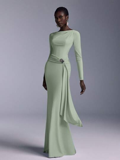 Elitara Elegant Boat Neck Off Shoulder Long Sleeve Bridesmaids Dress With Waist Twist, Sequin& Metal Shell Button Decor, Fishtail Design