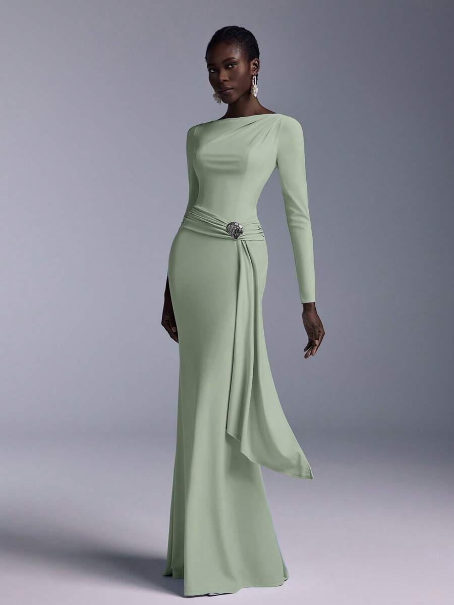 Elitara Elegant Boat Neck Off Shoulder Long Sleeve Bridesmaids Dress With Waist Twist, Sequin& Metal Shell Button Decor, Fishtail Design - Mint Green - View 1