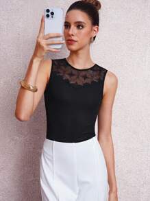 Lavishia Áo ba lỗ dệt kim ren tương phản dành cho nữ - màu đen - Xem 1