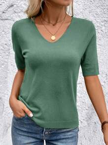 SHEIN Clasi 女士 V 领短袖纯色常规针织毛衣 - 綠色 - 查看 6