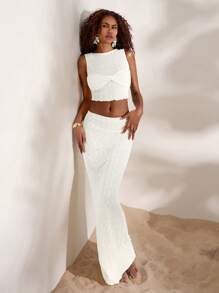 Opulessa 2 件套女式纯色针织无袖短款上衣和低腰裙，2 件套女士，外出，婚礼服装，商务休闲女装风格，音乐会，派对，俱乐部服装，秋季女装，别致套装 - 白色 - 查看 2