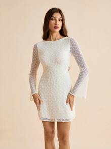 SHEIN Tall Rochie mini elegantă cu mânecă lungă, cu imprimeu de plasă, de culoare solidă, pentru femei - alb - Vizualizare 4