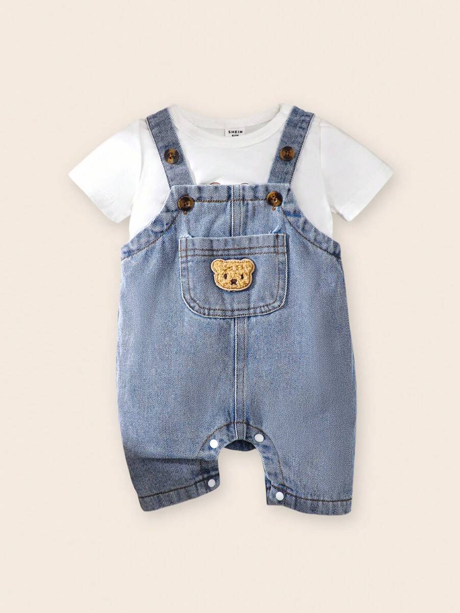 SHEIN Summer Solid Color Baby Boys' Denim Romper With Pocket & Bear Patchwork