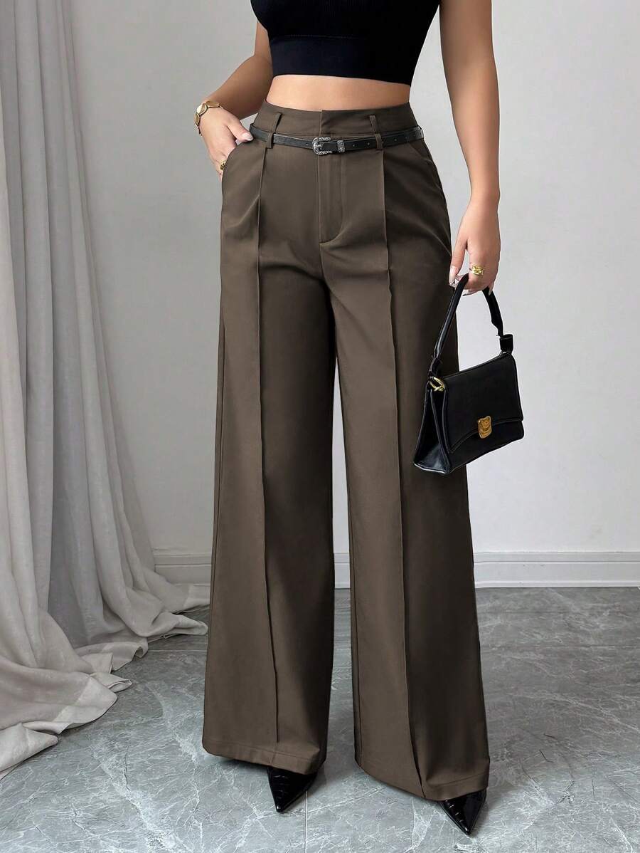 SHEIN PETITE Early Spring New Arrival High Waist Solid Wide Leg Pants With Matching Vintage Belt, Elegant Design Suitable For Daily And Work Wear Tea Party Fall Cloth For Women