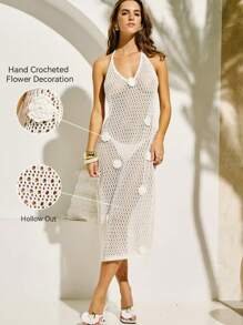 SHEIN Swim 全新白色针织镂空露背手工钩花装饰连衣裙，优雅女士度假泳装 - 白色 - 查看 1