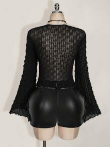 SHEIN ICON Plus Size Knitted Jacquard Flared Sleeve Pleated Square Neck Sexy T-Shirt, Knit Top, Suitable For Summer, Y2K Style