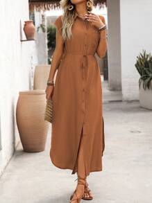 SHEIN LUNE 女士纯色休闲度假通勤衬衫裙，有领，前中心纽扣开口，左胸口袋，宽松腰带，蝴蝶结，侧开衩下摆，落肩长袖，春夏 - 棕色 - 查看 8