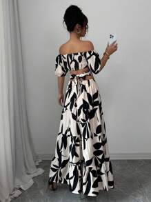 Lyxana Women's Off Shoulder Cinched Waist Printed Hollow Long Dress (Floral Pattern Asymmetrical Cut), Summer - Apricot - View 3