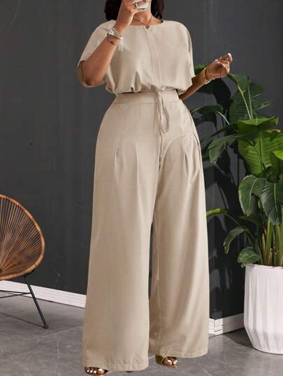 Slaydiva 两件套：春夏加大码女式休闲宽松阔肩抽绳下摆露脐上衣和高腰带口袋长裤，优雅百搭，适合通勤、派对、夜店、商务休闲等场合，也适合教师穿着。夏季阔腿裤套装，亚麻裤套装，夏季休闲套装。