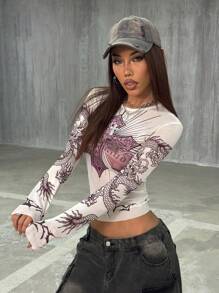 StreetHx 女士透明网眼贴身打底上衣，音乐节哥特摇滚龙印花街头服饰 Y2K Baddie 复古风格长袖 T 恤，春夏