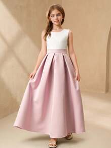 少女缎面圆领无袖 A 字形公主裙，华丽婚礼、生日派对、婚礼宾客、花童、伴娘、度假，优雅而