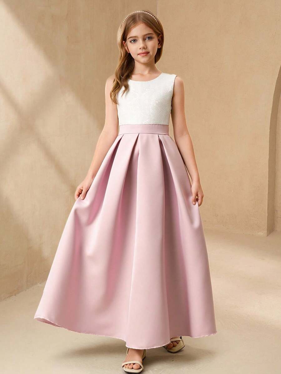 少女缎面圆领无袖 A 字形公主裙，华丽婚礼、生日派对、婚礼宾客、花童、伴娘、度假，优雅而