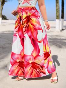 SHEIN EZwear Quần dài mùa hè in hoa dáng rộng cỡ lớn - Nhiều màu - Xem 5