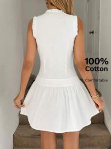 Easowa 荷叶边高腰修身连衣裙，前部带纽扣，无袖荷叶边下摆迷你连衣裙，棉质休闲假日优雅街头连衣裙，适合女性，老钱风格 - 白色 - 查看 2