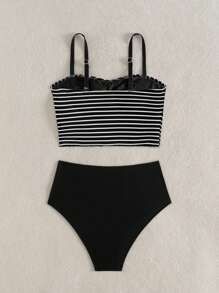 Swim Vcay 女士简约时尚背心吊带比基尼，适合夏季 - 黑與白 - 查看 2