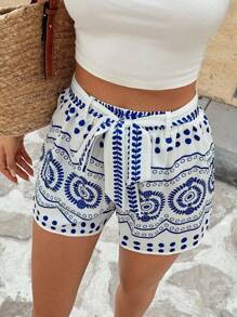 SHEIN Frenchy 女士夏季度假花卉印花打结腰部休闲阔腿短裤日常穿着海滩暑假 7 月 4 日毕业假期西部装女士海滩度假简约通勤/办公室休闲裤，高腰短裤 - 藍白色 - 查看 7