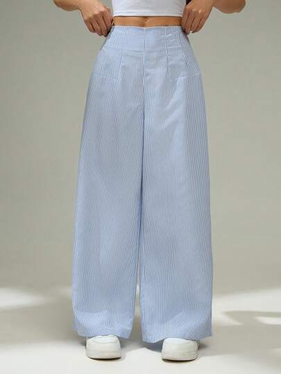SHEIN PETITE Women's Elegant Casual Simple Commuting Office Daily Vacation High Waist Wide Leg Straight Blue And White Striped Trousers Baggy