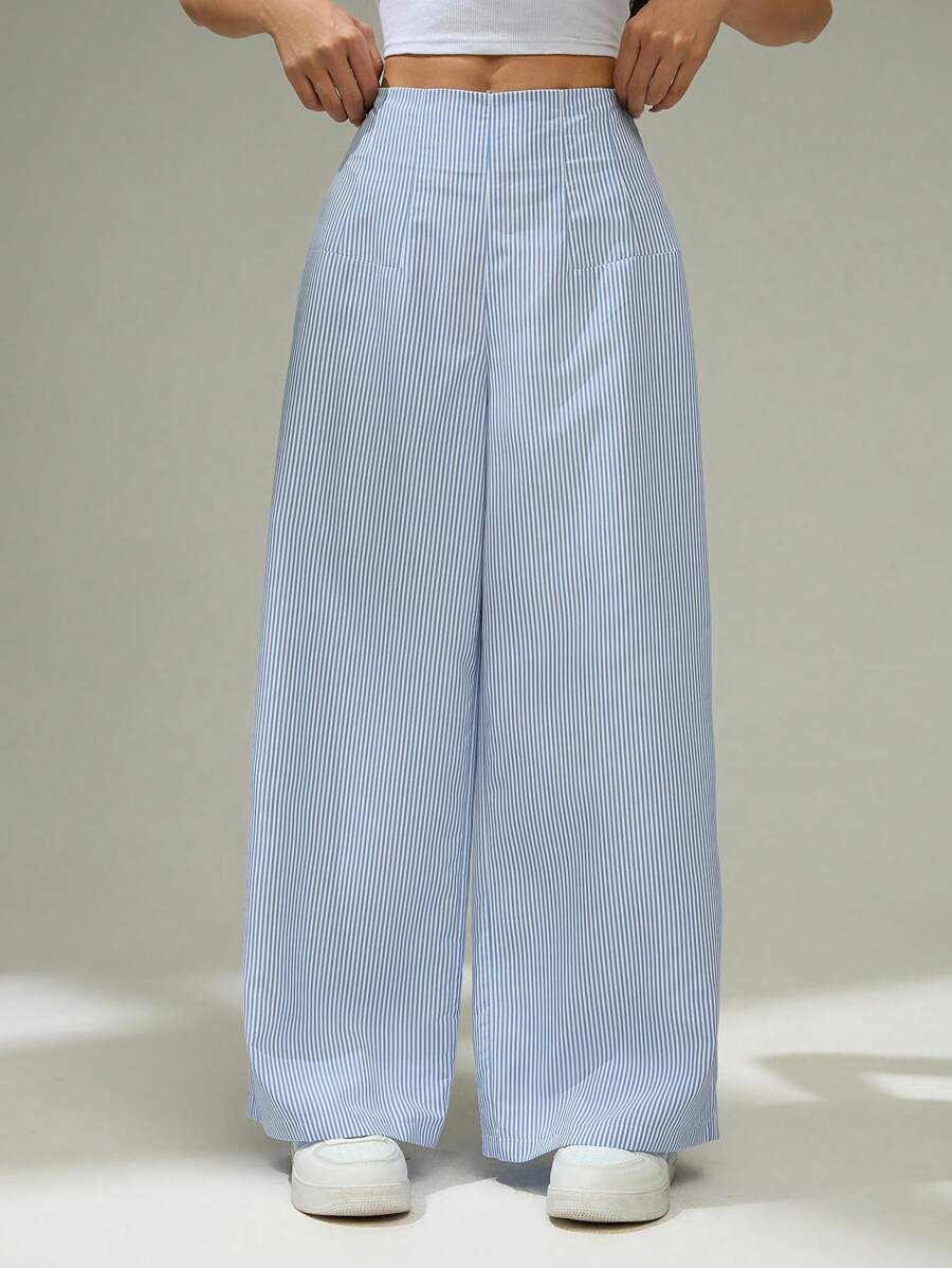 SHEIN PETITE Quần dài ống rộng cạp cao sọc xanh trắng thanh lịch đơn giản đi làm văn phòng hàng ngày nghỉ dưỡng cho nữ - Màu xanh lam - Xem 1
