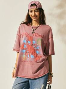 Easelle Áo thun cotton cổ tròn thêu họa tiết tôm hùm dễ thương phong cách Boho thường ngày màu hồng, thời trang mùa hè cho nữ, đồ đi biển - Hồng - Xem 8