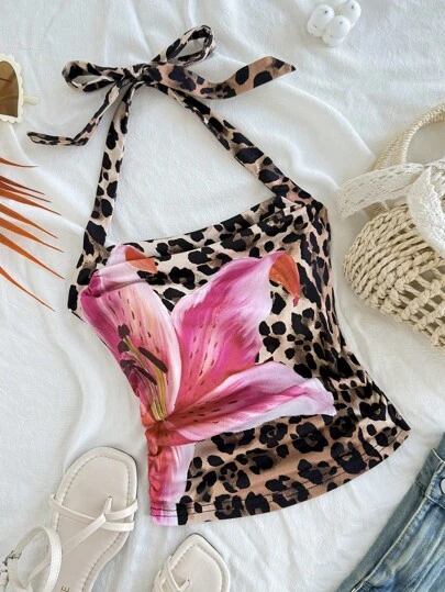 SHEIN Leopardmönster och blommönster för tweenflickor, halterneck, avslappnad linne, mångsidig för vardagsbruk