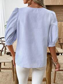 EMERY ROSE Women's Striped Lantern Sleeve Loose Casual Blouse, Summer - Blue and White - View 2