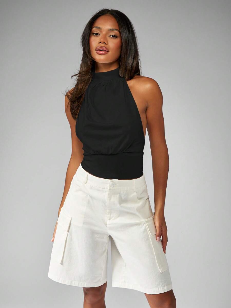 MISSGUIDED Halter Neck Backless Lace Up Corset Summer Top Sleeveless Bodycon Tank Evening Fitted Party Crop Top - Black - View 1